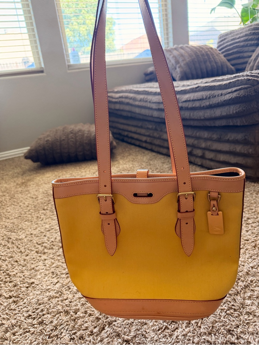 Leather-Trim Yellow Tote Bag